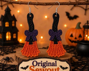 Halloween Witch Broom FSL Earrings Embroidery Design | Spooky Lace (Digital File)