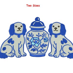 May include: Embroidered design featuring two seated dogs flanking a blue and white floral vase. The dogs and vase are in shades of blue and white. The text "Two Sizes" is at the top.