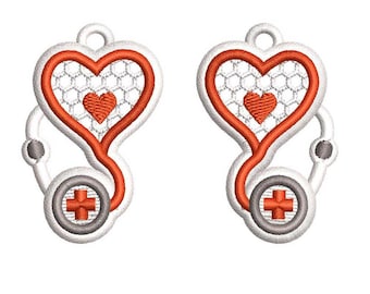 Stethoscope Heart Earrings Embroidery Design | Freestanding Lace Nurse Gift (Digital File)