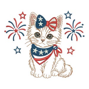 May include: An embroidered image of a white cat with a patriotic theme. The cat wears a blue and red bow and bandana, both adorned with white stars. Fireworks and stars in red and blue surround the cat, creating a festive design.
