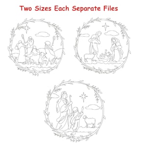 May include: Three circular line art designs depicting scenes from the Nativity, each framed by a wreath. The text "Two Sizes Each Separate Files" is at the top. The scenes include shepherds, the holy family, and the three wise men.