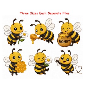 Puede incluir: Seis ilustraciones de abejas amarillas y negras con alas blancas. Una abeja sostiene una margarita, otra un cazo de miel, otra está junto a un tarro de miel con la etiqueta HONEY, otra sostiene un panal, otra una margarita y otra saluda.