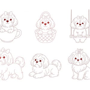 Könnte beinhalten: Strichzeichnungen eines Malteserhundes in verschiedenen Posen. Ein Hund befindet sich in einer Tasse, ein anderer in einem Korb und ein dritter auf einer Schaukel. Weitere Illustrationen zeigen den Hund stehend, liegend und sitzend.