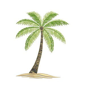 May include: A detailed illustration of a palm tree with green fronds and a brown trunk. The tree is slightly tilted, with the trunk curving upwards. The base of the tree rests on a sandy surface, all set against a white background.