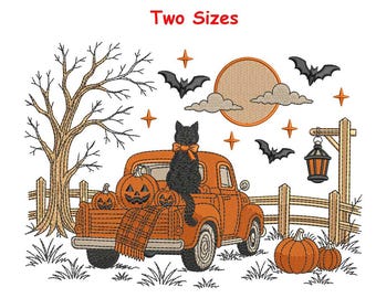 Vintage Halloween Truck Embroidery Design | Black Cat & Pumpkins | Farmhouse Fall Machine Embroidery File | Spooky Autumn Decor