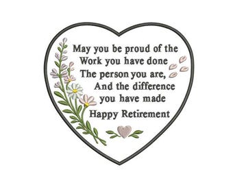 Happy Retirement Machine Embroidery Design | Heart Floral Quote (Digital Download)