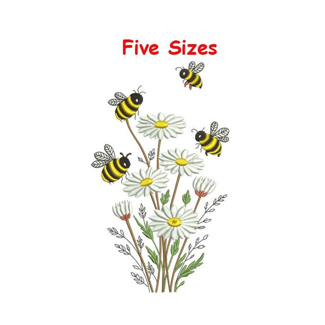 Bee and Daisy Machine Embroidery Design | Honeybee Floral Embroidery ...