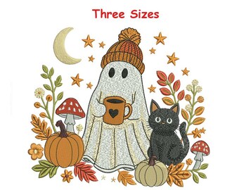 Cozy Ghost Coffee Time Embroidery Design | Black Cat, Pumpkin, Fall Accents (Digital Download)