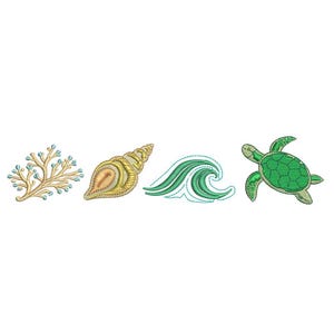 May include: Embroidered designs of ocean elements: coral, a seashell, a wave, and a sea turtle. The coral is tan with blue accents. The seashell is tan and gold. The wave is teal, and the turtle is green.