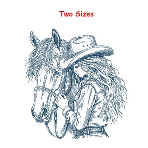 Puede incluir: Un diseño de bordado de arte lineal azul que muestra un caballo y una persona con sombrero de vaquero y cabello largo y fluido. El texto "Two Sizes" está impreso en rojo sobre la ilustración, mostrando un trabajo de líneas detallado.