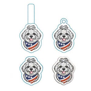 May include: Four embroidered patches featuring a white dog with a topknot, wearing a blue bandana with white stars and red and white stripes. The patches have various border shapes, including one with a vertical tab and one with a circular loop.