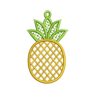 Puede incluir: Diseño de piña bordada en amarillo y verde. La piña tiene un cuerpo amarillo con patrón de diamantes y una corona verde calada. El diseño es para proyectos de bordado, parches o apliques.