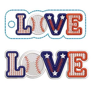 May include: Two embroidered patches featuring the word LOVE, where the O is replaced by a white baseball with red stitching. The L and V are dark blue with white stars, and the E is orange. The top patch includes a small circular hole on the left.