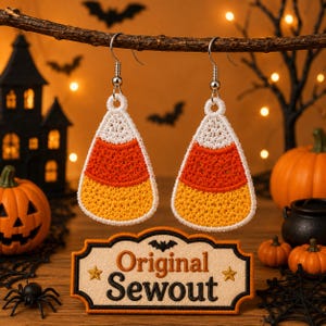 May include: A pair of triangular candy corn earrings featuring white, orange, and yellow crochet thread with silver-toned metal hooks. Below the earrings sits a rectangular embroidered patch with a black bat, two gold stars, and the text Original Sewout.