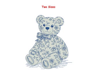 Blue Floral Teddy Bear Embroidery Design | Vintage Outline Machine File (Digital Download)