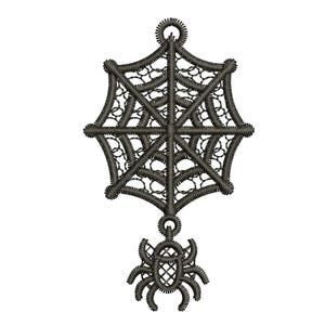 May include: A dark gray embroidered patch featuring a spider web design with a small spider hanging from the bottom. The web has a circular loop at the top for hanging, and the entire piece is constructed with dense, textured stitching.