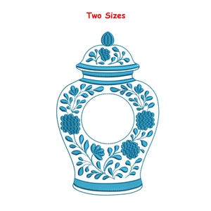 May include: A blue and white embroidered decorative vase with a lid. The vase features floral and leaf patterns, with a large circular opening in the center. The text "Two Sizes" is in the top left corner.