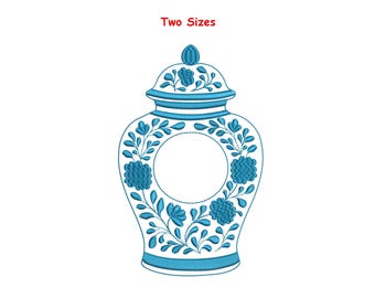 Motif de broderie monogramme de pot de gingembre chinoiseries, cadre de pot de gingembre floral bleu, deux tailles incluses