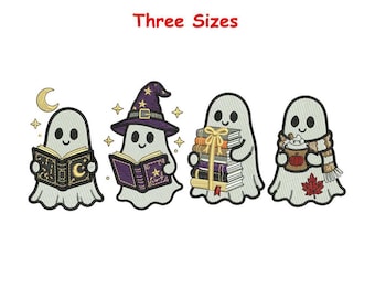 ハロウィンの幽霊刺繍デザイン｜不気味な魔女｜本好きの幽霊（デジタルファイル）