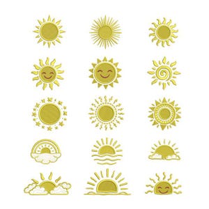May include: A collection of yellow sun designs in various styles. Some suns have smiling faces, while others feature rays, stars, or a rainbow. The designs are detailed and appear to be embroidered or digitally rendered.