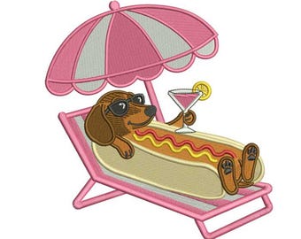 Dachshund Hot Dog Embroidery Design | Summer Beach Cocktail Doxie Machine File (Digital Download)