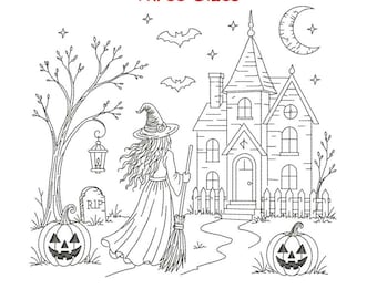 Può includere: Un'illustrazione a linee bianche e nere che raffigura una strega con una scopa davanti a una casa stregata. La scena include due zucche di Halloween, una lapide con la scritta RIP, un albero spoglio con una lanterna, pipistrelli e una luna crescente. Il testo recita Three Sizes.