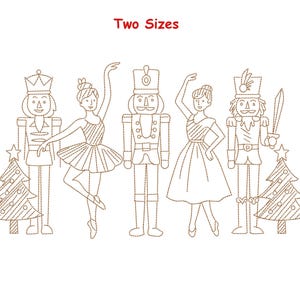 May include: Line art illustration of characters from The Nutcracker ballet, including a ballerina, a nutcracker, and a Christmas tree. The text "Two Sizes" is at the top of the image. The characters are in a brown color.