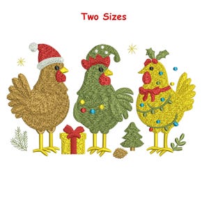 May include: Embroidered Christmas rooster design. Three festive chickens are depicted, one in a Santa hat, one in a Christmas tree hat, and one with Christmas lights. The text "Two Sizes" is at the top.