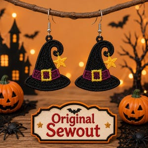 May include: A pair of black witch hat earrings with purple bands, yellow buckles, and yellow star accents, featuring silver-toned hooks. Below, a rectangular patch with a black bat icon and the red embroidered text Original Sewout.