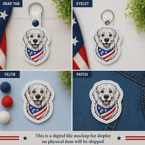 May include: Four variations of a golden retriever dog head embroidery design. The dog wears a red, white, and blue star-patterned bandana. Options include a snap tab keychain, an eyelet keychain, a feltie, and a patch on blue denim fabric.