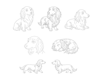 Può includere: Illustrazioni a tratto di cani bassotti in varie pose. Le immagini includono un cane seduto, in piedi, sdraiato e un primo piano della testa di un cane. I disegni sono in uno stile semplice ed elegante.