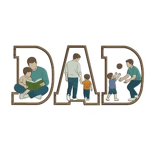 Könnte beinhalten: Ein holzgerahmtes Kunstwerk schreibt "DAD" mit Illustrationen in jedem Buchstaben. Das "D" zeigt einen Vater, der einem Kind vorliest, das "A" zeigt einen Vater und ein Kind beim Gehen, und das letzte "D" zeigt einen Vater und ein Kind beim Ballspielen.