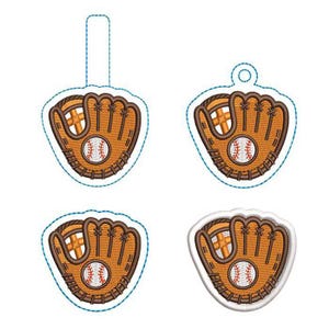 May include: Four embroidered baseball glove patches with a white baseball in the center. Each glove is tan with dark brown stitching and outlines. One patch has a rectangular tab, one has a circular hole, and two have simple die-cut edges.