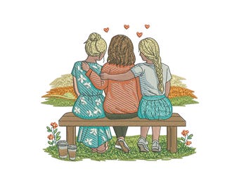 Friends Sitting Machine Embroidery Design | Friendship Bench, Sisters Hug (Digital File)