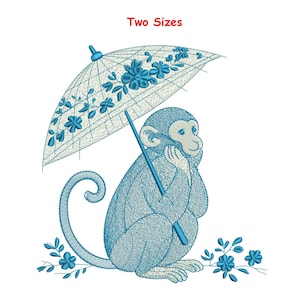 Puede incluir: Diseño bordado de un mono sosteniendo un paraguas, con detalles florales. El mono es azul claro, con una cara y manos de color gris claro. El paraguas es blanco con detalles florales azules. El texto "Two Sizes" está arriba.