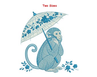 Chinoiserie Monkey Embroidery Design, Floral Parasol (PES DST EXP)