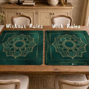 May include: Two square, emerald green mats with gold floral designs are displayed on a wooden table. The text "Without Rules" and "With Rules" are above the mats. The mats have a gold border and a central circular design.
