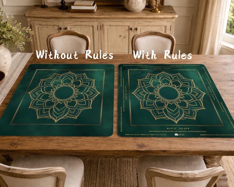 May include: Two square, emerald green mats with gold floral designs are displayed on a wooden table. The text "Without Rules" and "With Rules" are above the mats. The mats have a gold border and a central circular design.