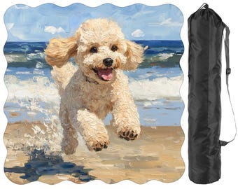 Pudel-Mahjong-Spielmatte, amerikanische Mahjong-Tischmatte „Hund am Strand“ mit Tragetasche