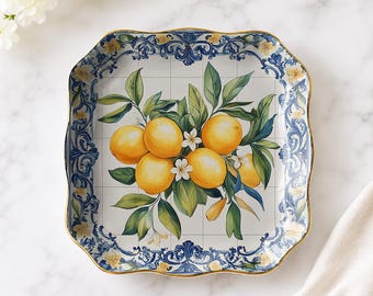 Mediterranean Porcelain Mahjong Dice Dish, Ceramic Lemon Jewelry Tray, Italian Citrus Dish