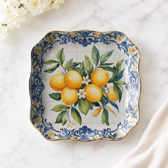 Mediterranean Porcelain Mahjong Dice Dish, Ceramic Lemon Jewelry Tray, Italian Citrus Dish