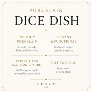 K&ouml;nnte beinhalten: Eine quadratische W&uuml;rfelschale aus Porzellan mit dem Text: PORCELAIN DICE DISH, PREMIUM PORCELAIN, ELEGANT & FUNCTIONAL, PERFECT FOR MAHJONG & MORE, EASY TO CLEAN und 10,9 cm x 10,9 cm SIZE. Die Schale hat gewellte R&auml;nder und eine glatte Oberfl&auml;che.