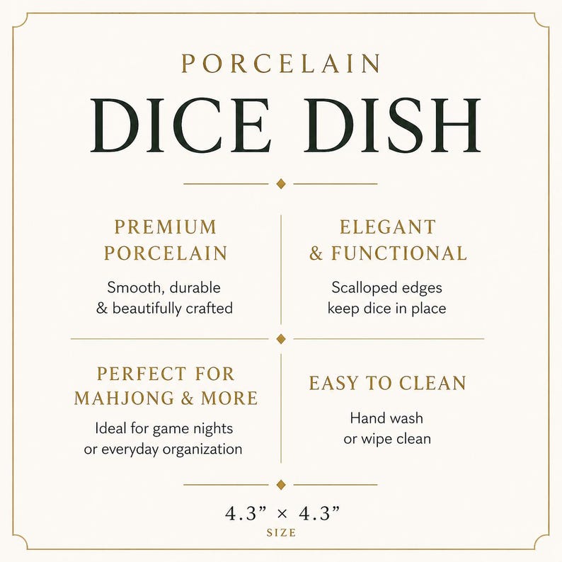 K&ouml;nnte beinhalten: Eine quadratische W&uuml;rfelschale aus Porzellan mit dem Text: PORCELAIN DICE DISH, PREMIUM PORCELAIN, ELEGANT & FUNCTIONAL, PERFECT FOR MAHJONG & MORE, EASY TO CLEAN und 10,9 cm x 10,9 cm SIZE. Die Schale hat gewellte R&auml;nder und eine glatte Oberfl&auml;che.
