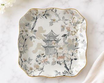 Porcelain Cherry Blossom Mahjong Dice Dish, Chinoiserie Beige Dice Tray, Pagoda Trinket Tray