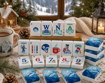 Alpine Ski American Mahjong Set,  Christmas Mahjong Set, Winter Blue and White Mahjong Tiles