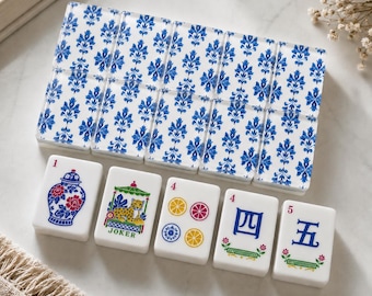 Blue Porcelain Engraved American Mahjong Set, Luxury Chinoiserie Acrylic Mahjong Tiles with Display Bag