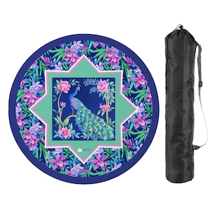 Round Peacock Mahjong Mat 42", Sapphire Blue Water Lily & Bamboo, American Mahjong Table Mat with Carry Bag
