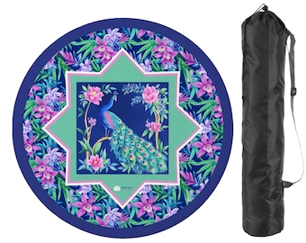 Round Peacock Mahjong Mat 42", Sapphire Blue Water Lily & Bamboo, American Mahjong Table Mat with Carry Bag