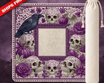 Halloween Mahjong Mat, Purple Skull Mat, Day of the Dead Mahjong Mat with Canvas Bag