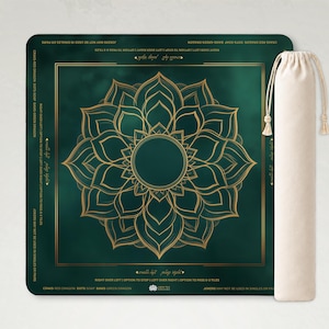May include: A green and gold game mat with a floral design and text. The mat is rectangular with a gold border and a matching drawstring bag. The text includes game instructions and the phrase "walls lift, play right."